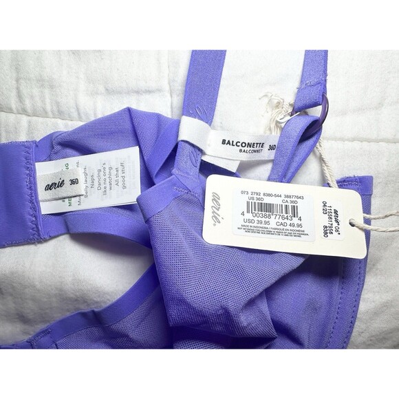 AERIE SMOOTHEZ Sheer Mesh Unlined Underwired Purple Balconette Bra‎ 36D NWT - Picture 4 of 6